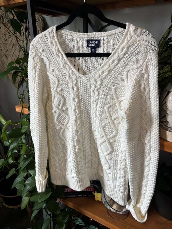 Lands' End Sweaters - Lands' End Ivory Cable-Knit Fisherman V-Neck Sweater | XS